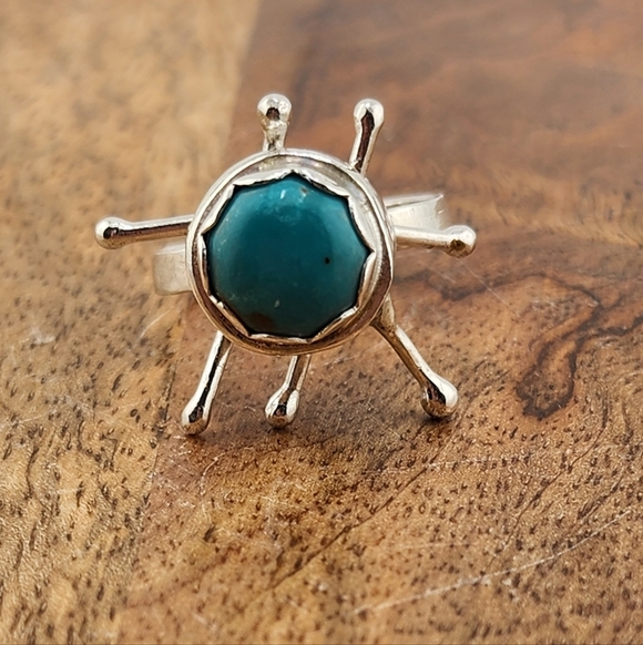 TURQUOISE ANXIETY RING HANDMADE IN STERLING SILVER METAL SIZE 9 - Picture 6 of 7